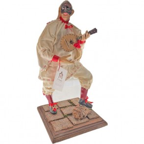 Statua Pulcinella PULCMAN Suonante Mandolino In Terracotta Con Base Di Legno 35H