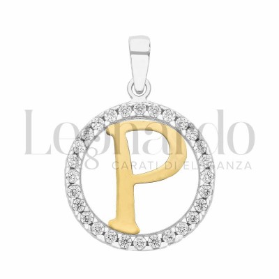 Pendente Letterina in Oro 18 Carati Iniziale P con Zirconi 14x16 mm Peso Circa 1.10 gr