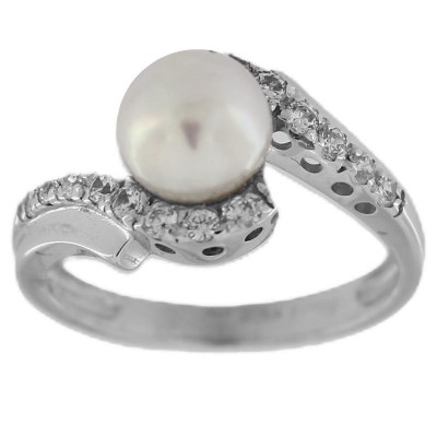 Anello donna Z123 con perla in oro bianco 18KT e zirconi