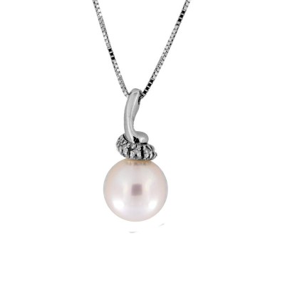 Collana Donna Punto Luce PL109 in Oro Bianco 18k con Diamanti e Perla