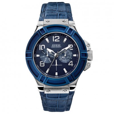 Orologio Uomo Multifunzione Guess W0040G7 Quadrante Blu Cinturino Pelle Blu Giorno della settimana