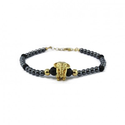 Bracciale Londo Br-Elephant 04g Con Ciondolo Elefante Oro Sfere Ematite E Pietre Laviche Chiusura Moschettone In Argento 925