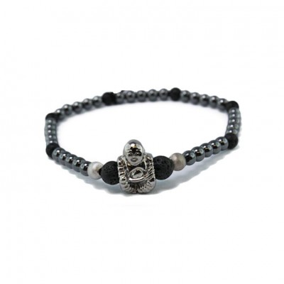 Bracciale Elastico Londo Br-Buddha 05n Con Ciondolo Buddha E Pietre Laviche E Ematite Colore Grigio In Argento 925