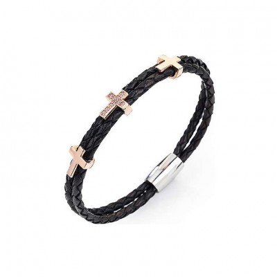Bracciale In Pelle Intrecciata Amen Cr302r Con 3 Croci Zirconate Rosate Argento 925
