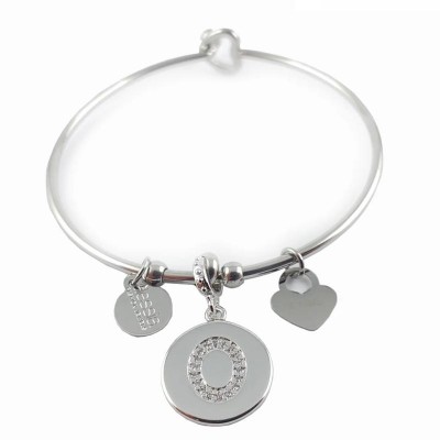 Bracciale Rigido Pendente Ciondolo Donna Alessia Fashion Lettera O con Cristalli Chiusura Cuore