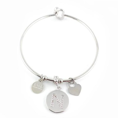 Bracciale Rigido Pendente Ciondolo Donna Alessia Fashion Lettera N con Cristalli Chiusura Cuore