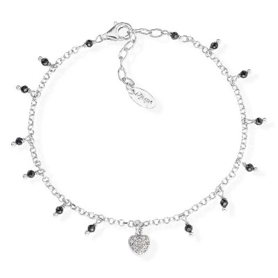 Bracciale Donna AMEN BRCBNZ in Argento 925 Rodiato con Cuore e Pietre Nere