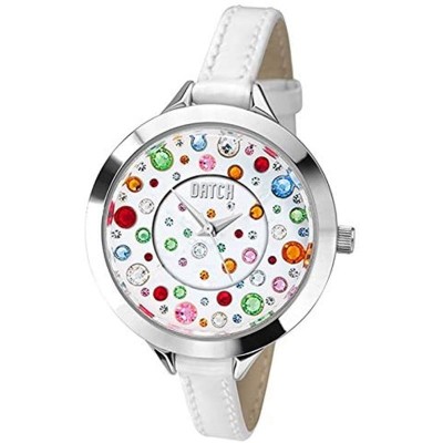 Orologio da donna datch DAT-W-037 in acciaio cinturino pelle bianco e dettagli colorati