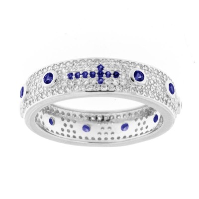 Anello Rosario Unisex Pompei Luxury 0268-B22 Pavè Bianco Zirconi Blu Misura 22