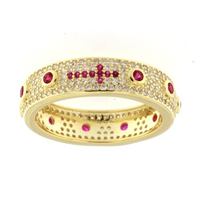 Anello Rosario Unisex Pompei Luxury 0268-OR22 Argento 925 Dorato Pavè Bianco Zirconi Fucsia Misura 22