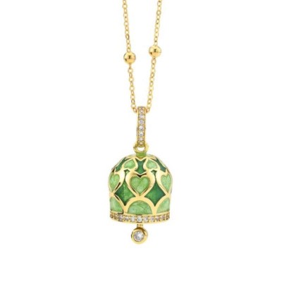 Collana campanella CL/GR06 con cuori verdi smaltati a mano e zirconi