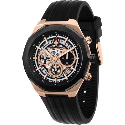 Orologio Uomo Cronografo Maserati R8871642003 Quadrante Nero PVD Rosato Cinturino Silicone Nero