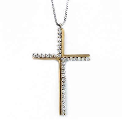 Completo Oro Bianco 18kt Con Croce Cd60 O. Croce Con Diamanti Oro Giallo E Bianco 0.16 Ct Gr: 3.6